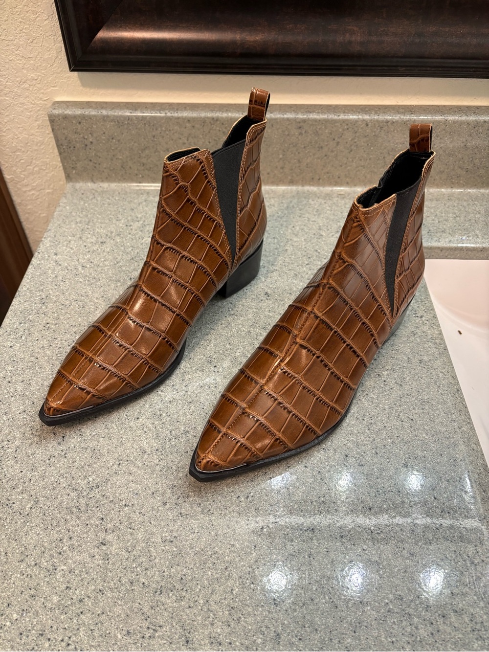 Marc Fisher Brown Croc-Embossed Pointed Chelsea Booties